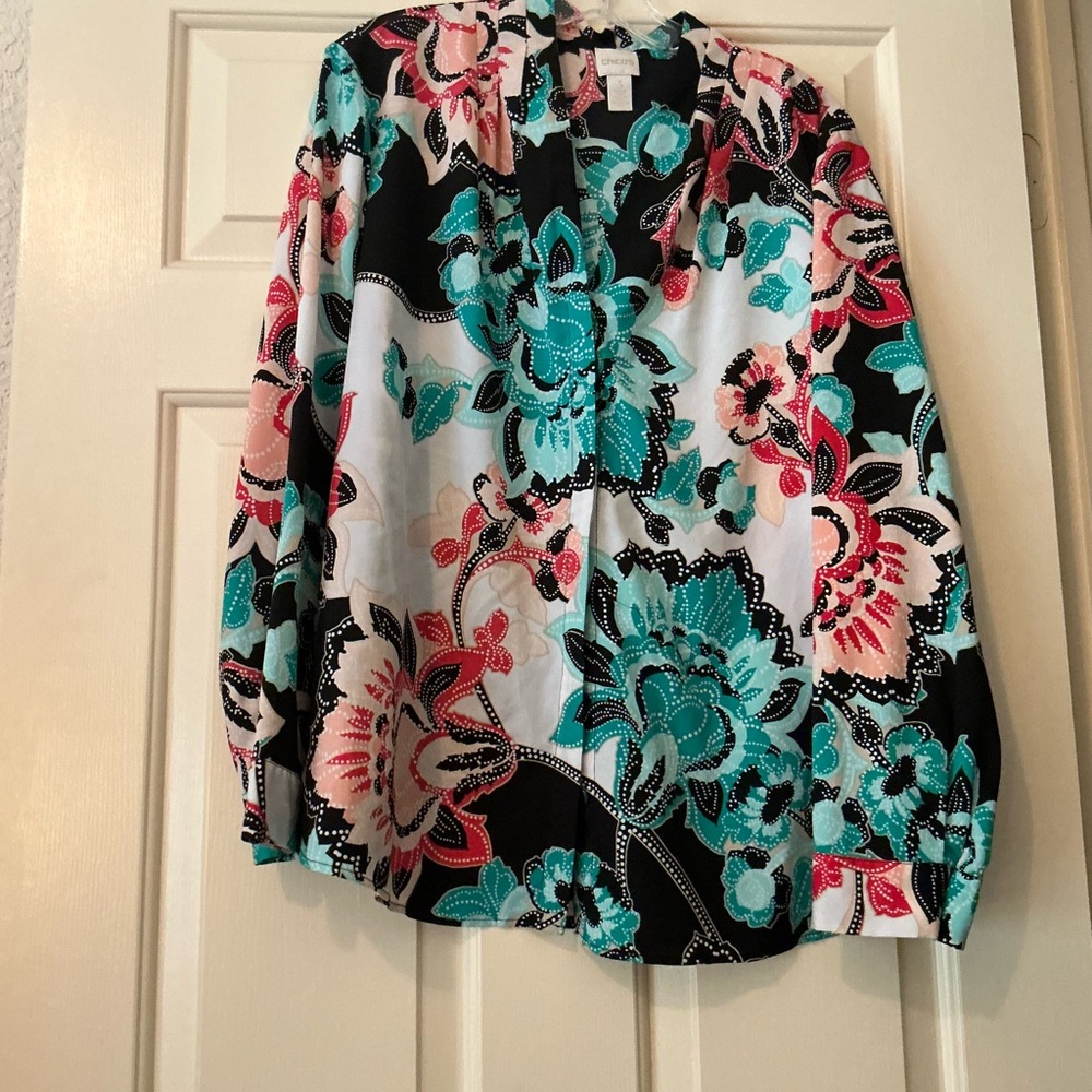 Chicos Size 3 (XL) Women's Floral Button-Up Blouse in Teal, Pink & Black